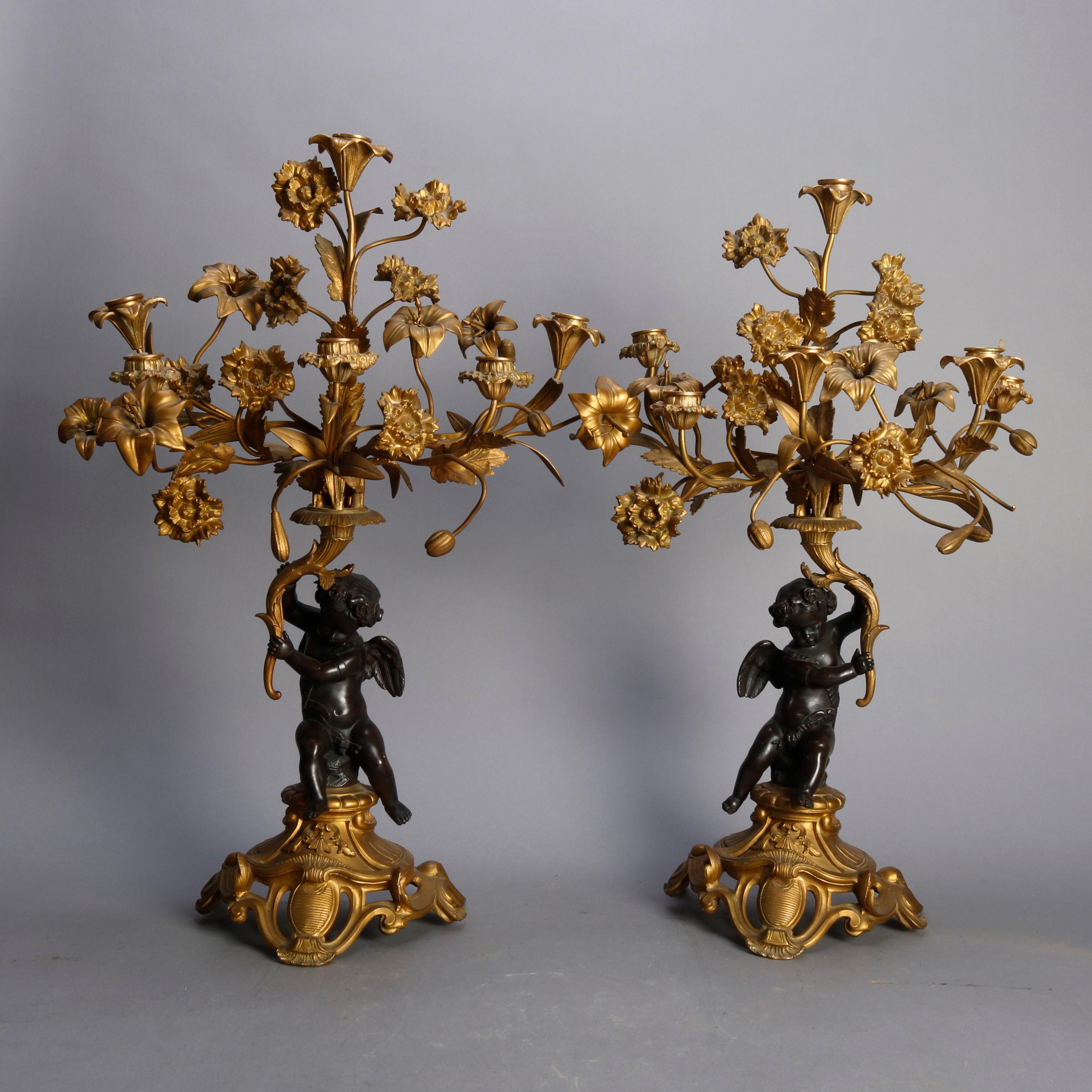 Pair of French Rococo Figural and Floral Parcel-Gilt Candelabra, 19th Century 4