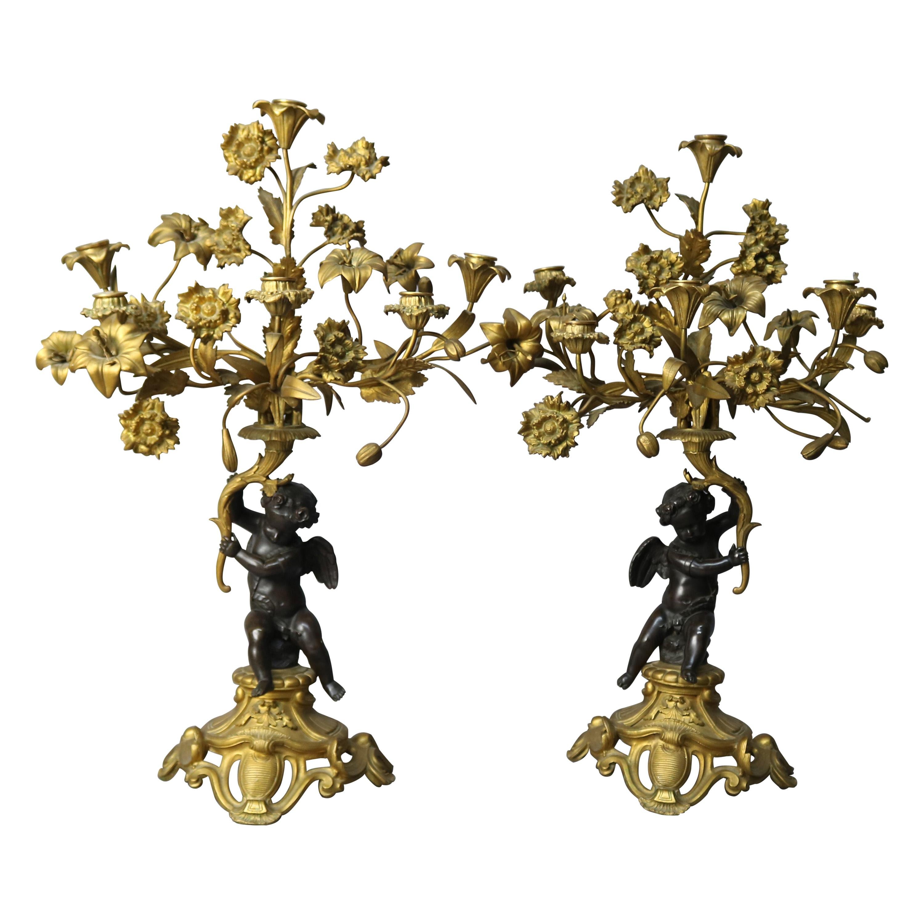 Pair of French Rococo Figural and Floral Parcel-Gilt Candelabra, 19th Century