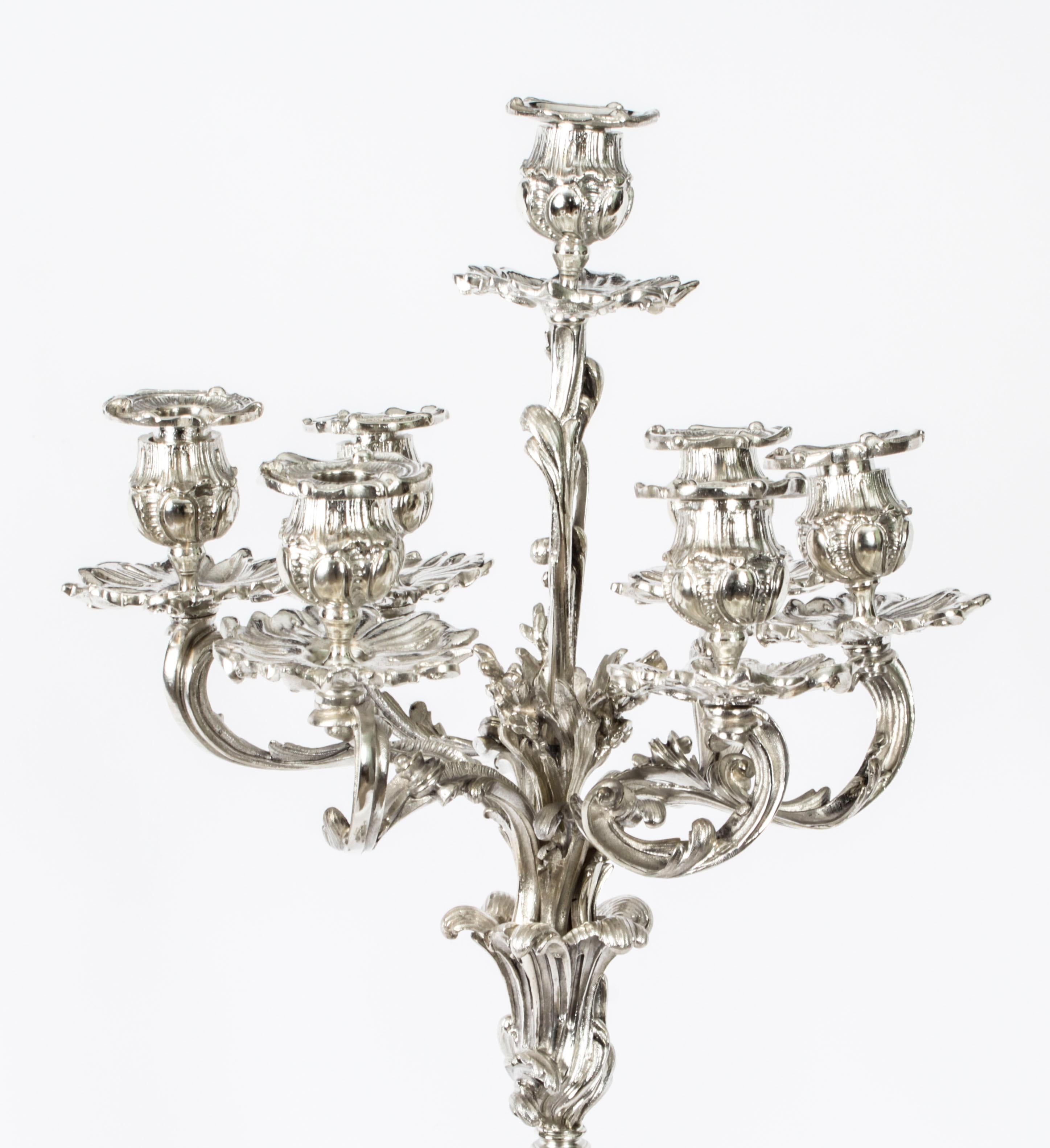 Antique Pair French Rococo Revival 7 Light Silver Plated Candelabra 1920s 10