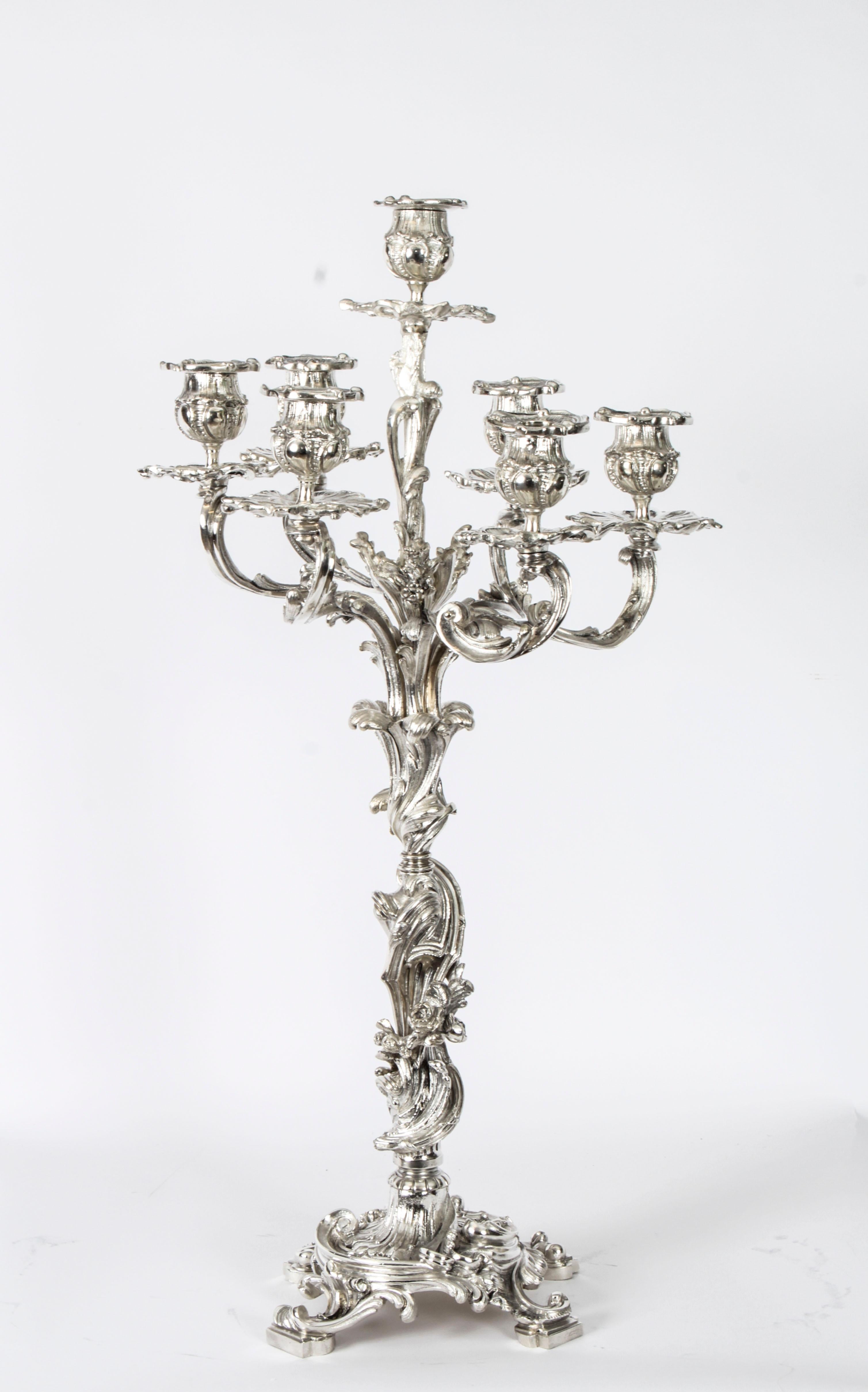Antique Pair French Rococo Revival 7 Light Silver Plated Candelabra 1920s 12
