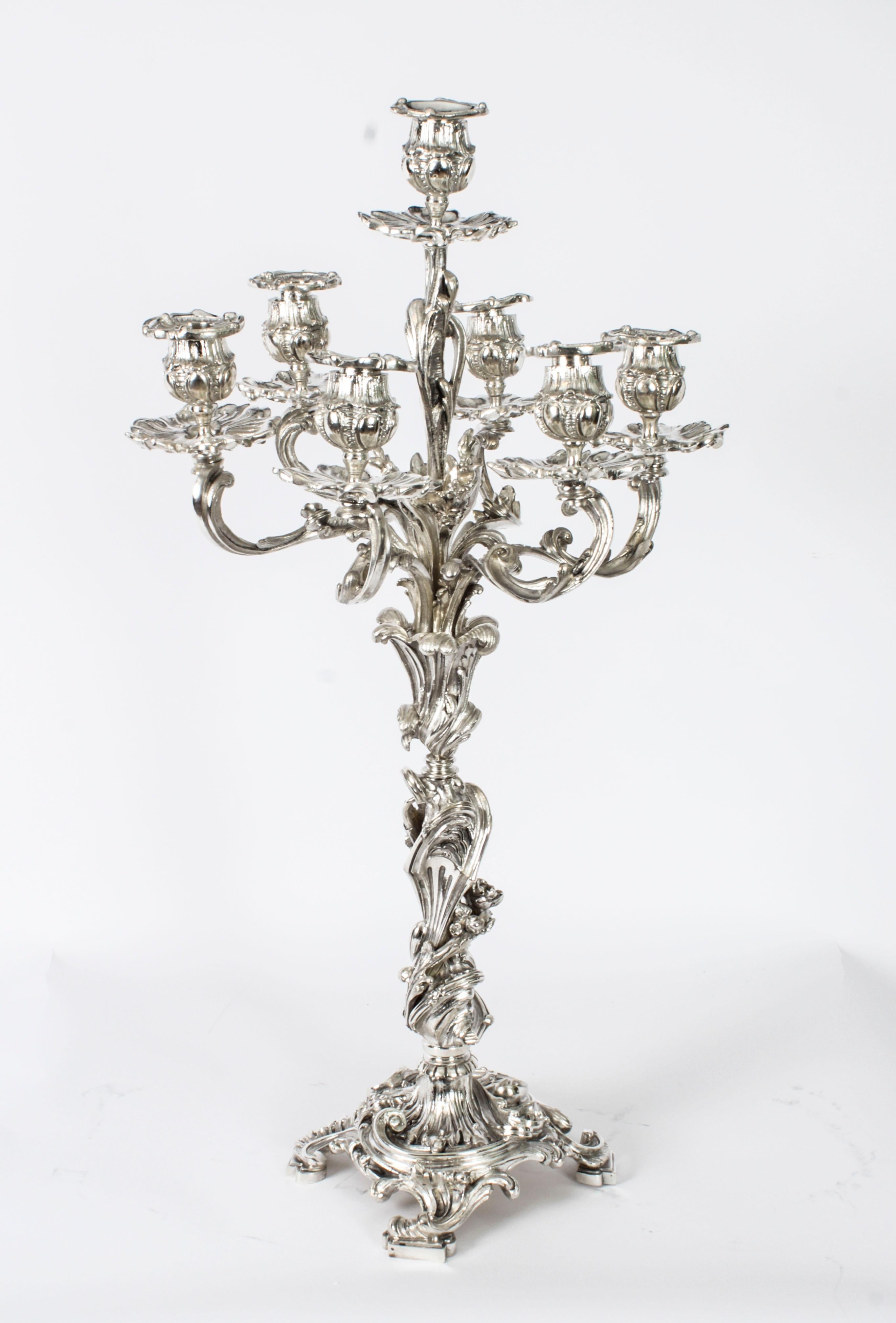 This is a momumental 2ft 6inch antique pair of French Rococo Revival silver plated seven light candelabra, circa 1920 in date.
 
The candelabra feature classical Rococo Revival stems and branches with exquisite acanthus decoration, they have