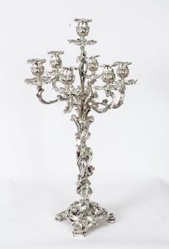 Antique Pair French Rococo Revival 7 Light Silver Plated Candelabra 1920s