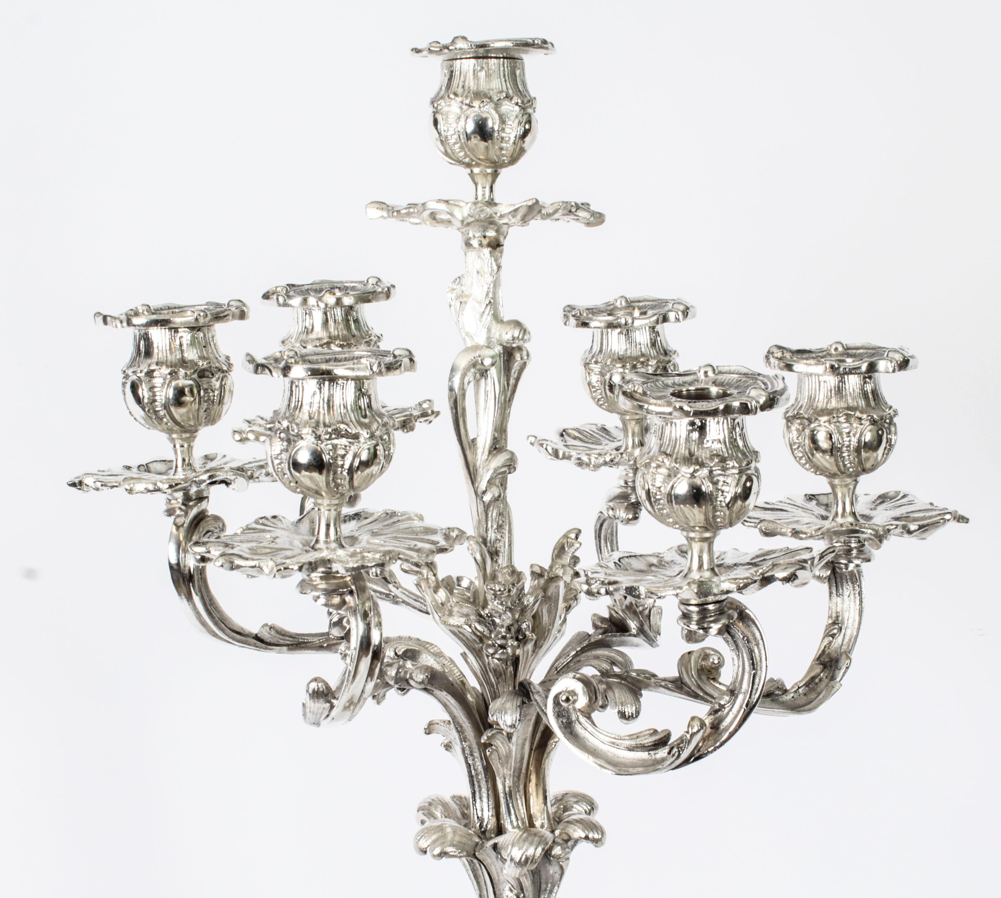 Antique Pair French Rococo Revival 7 Light Silver Plated Candelabra 1920s 16
