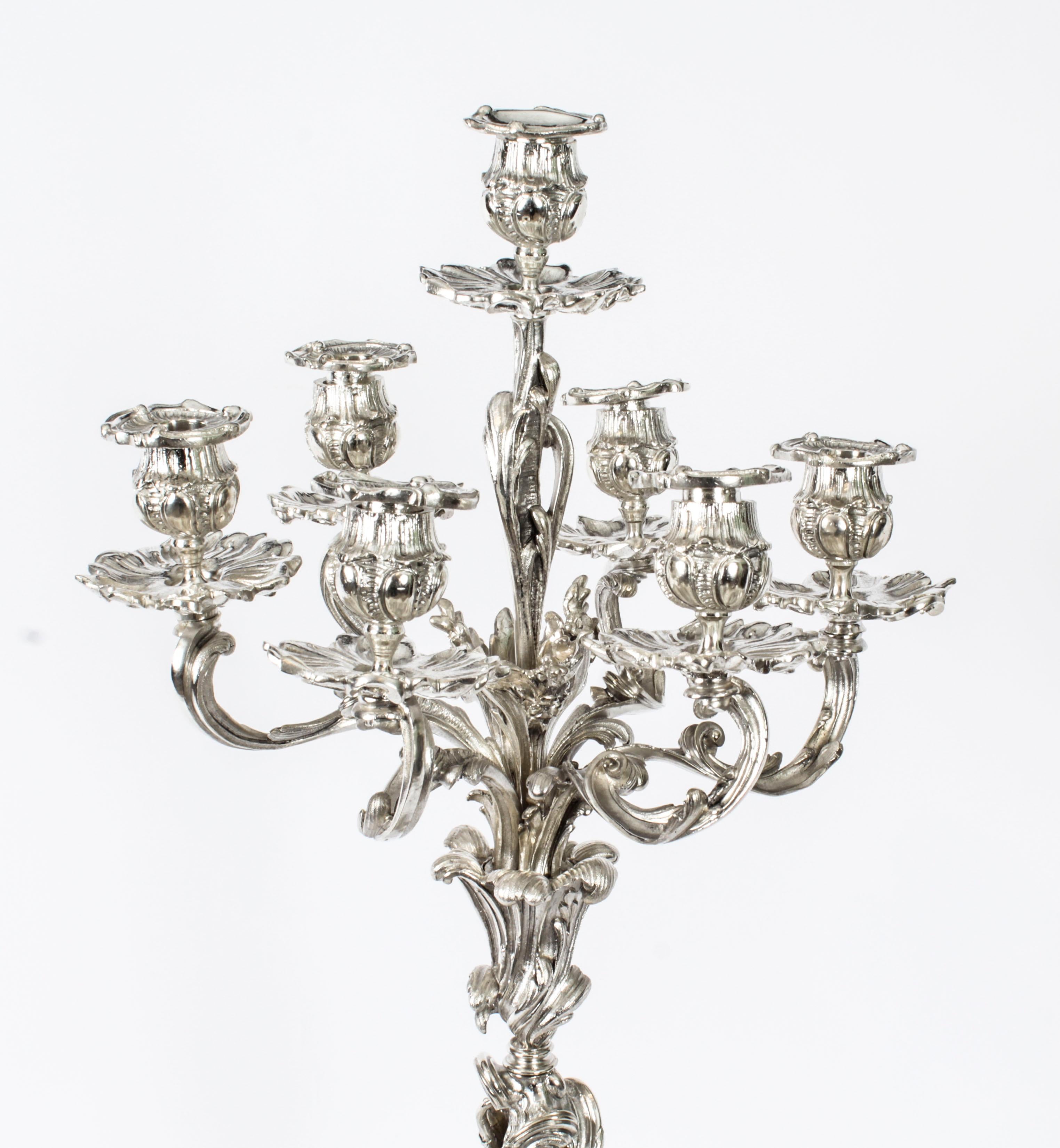 Antique Pair French Rococo Revival 7 Light Silver Plated Candelabra 1920s In Good Condition In London, GB