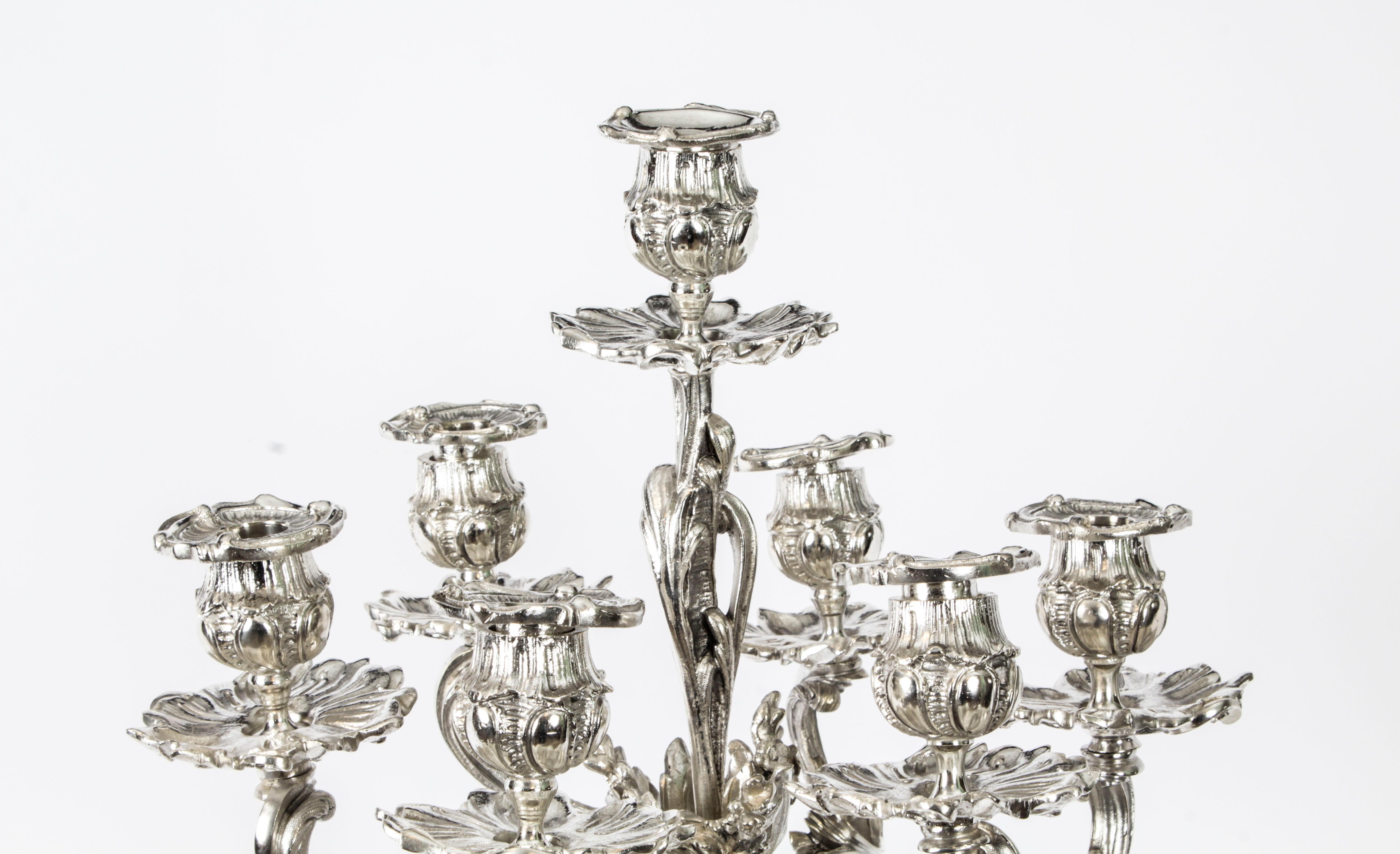 Early 20th Century Antique Pair French Rococo Revival 7 Light Silver Plated Candelabra 1920s