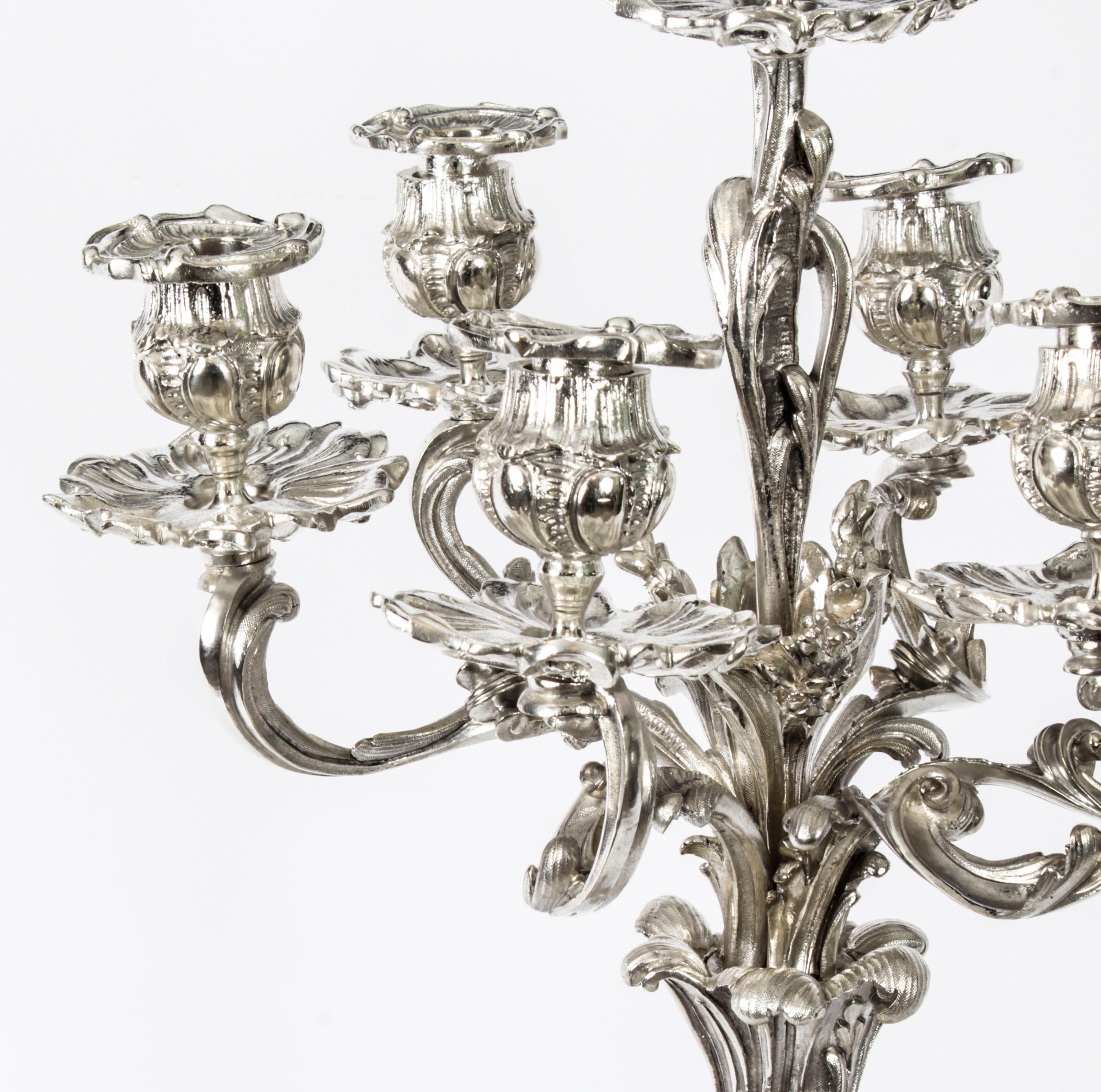 Antique Pair French Rococo Revival 7 Light Silver Plated Candelabra 1920s 1