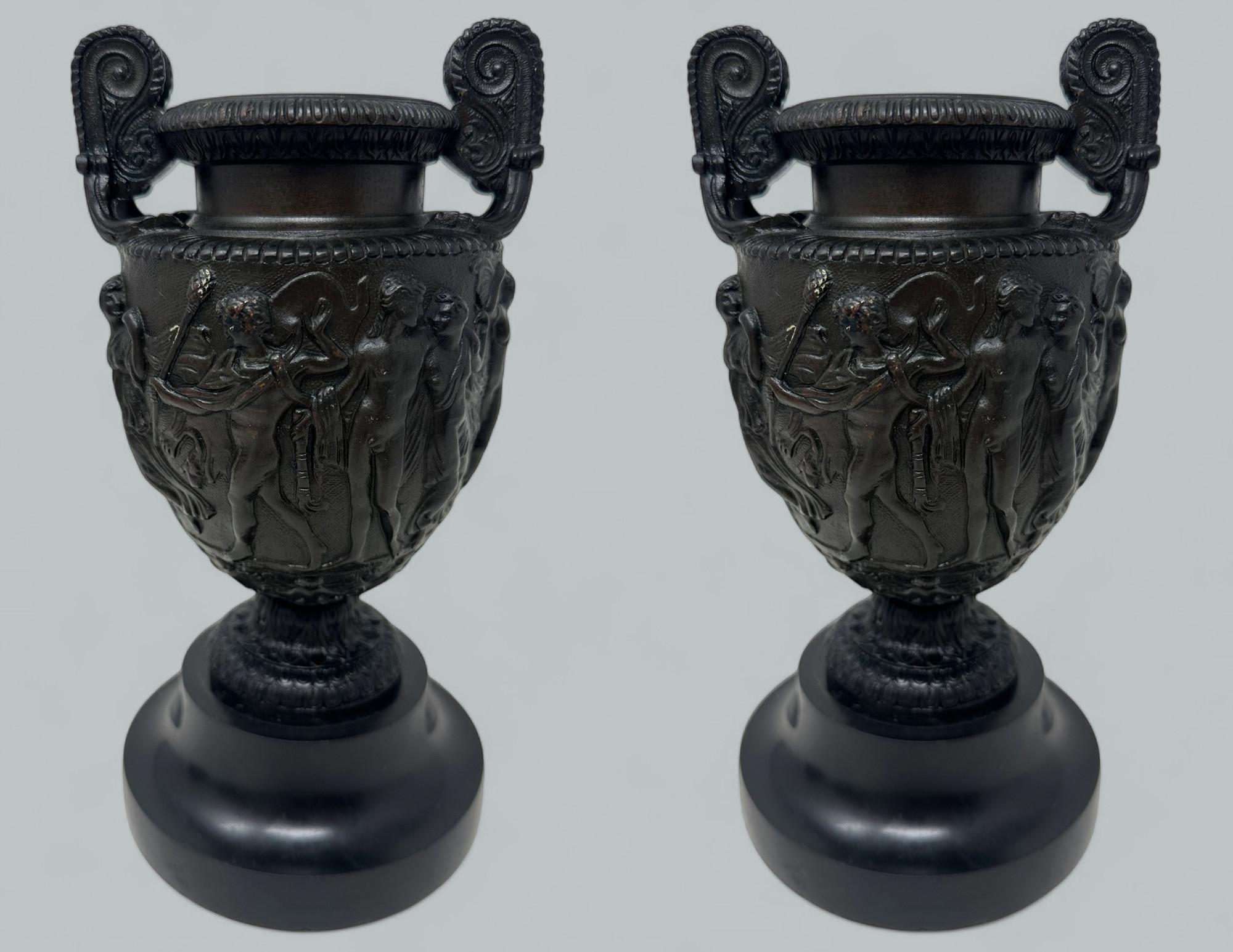 Early Victorian Antique Pair French Roman Bronze Townley Urns Vases Black Marble Grand Tour 19Ct For Sale
