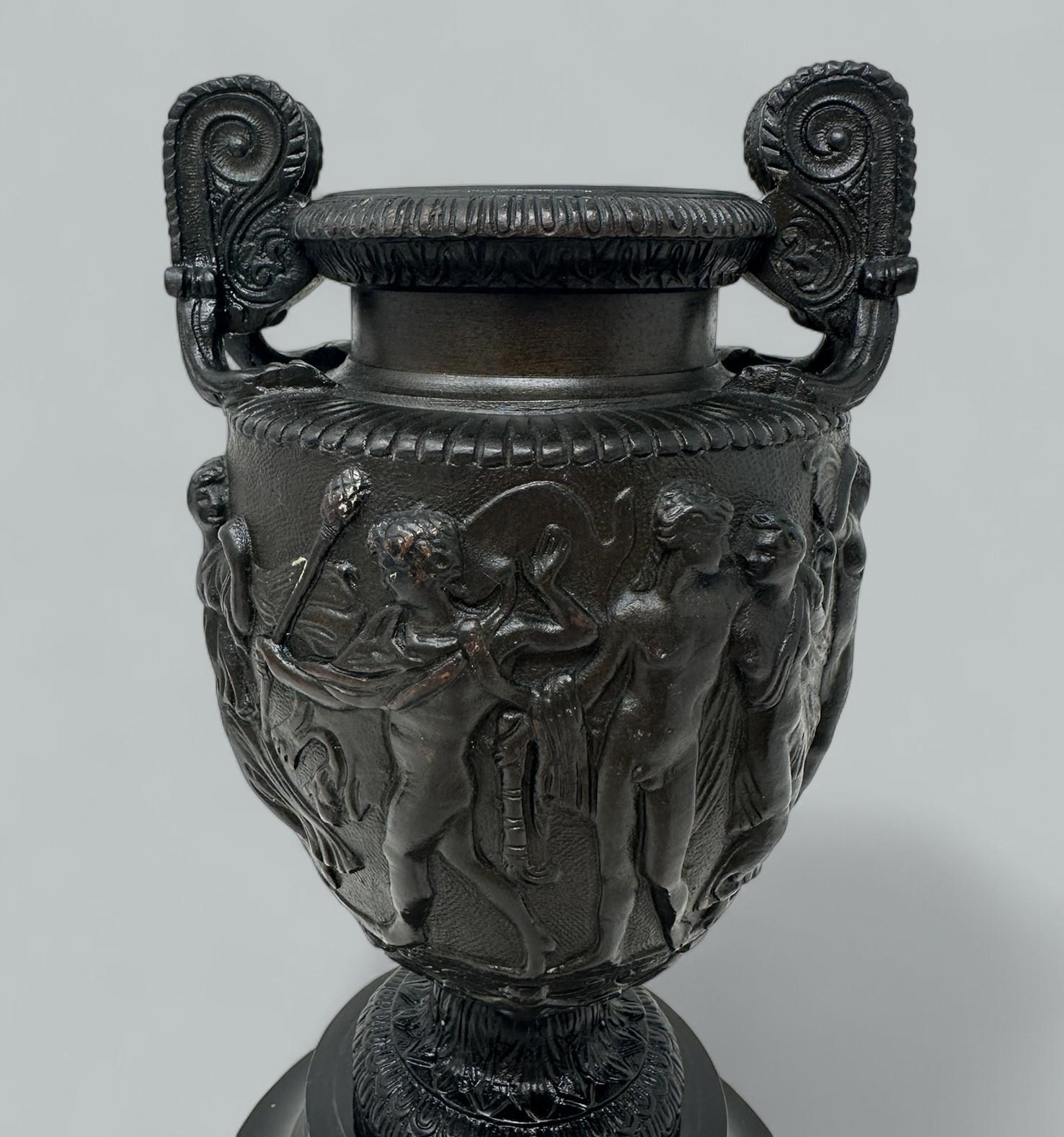 19th Century Antique Pair French Roman Bronze Townley Urns Vases Black Marble Grand Tour 19Ct For Sale