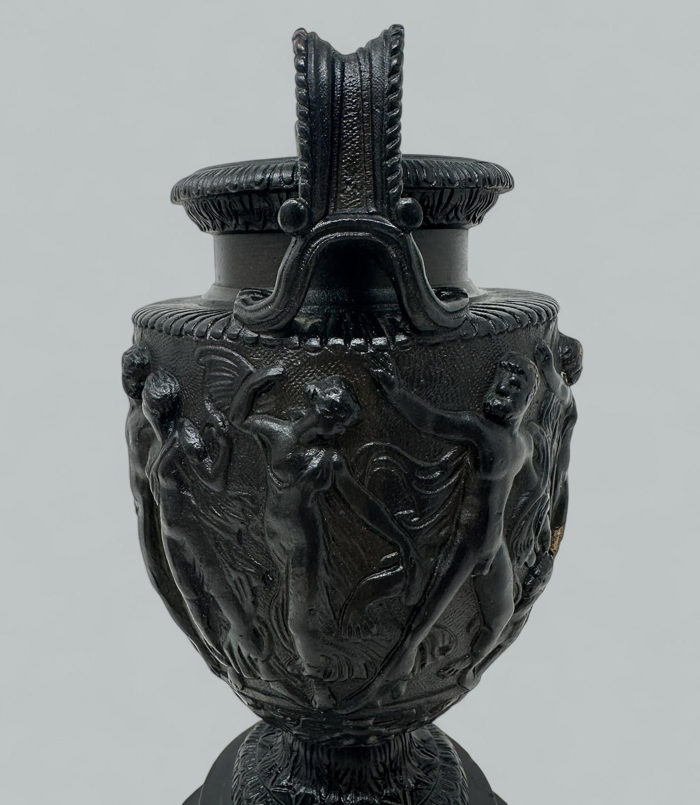 Antique Pair French Roman Bronze Townley Urns Vases Black Marble Grand Tour 19Ct For Sale 1