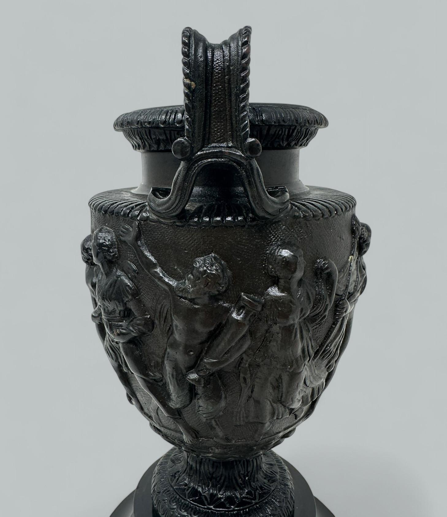 Antique Pair French Roman Bronze Townley Urns Vases Black Marble Grand Tour 19Ct For Sale 2