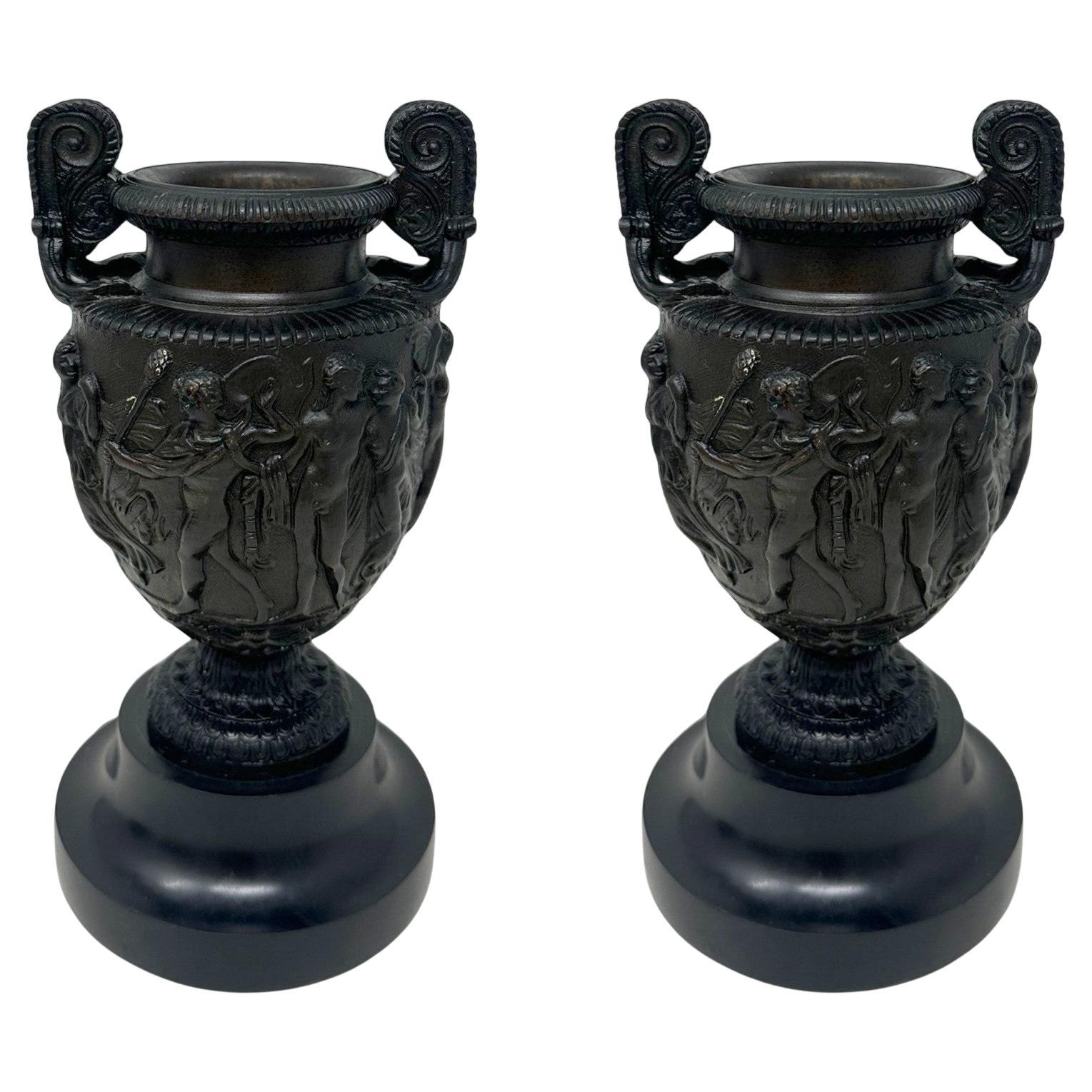 Antique Pair French Roman Bronze Townley Urns Vases Black Marble Grand Tour 19Ct