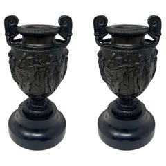 Antique Pair French Roman Bronze Townley Urns Vases Black Marble Grand Tour 19Ct