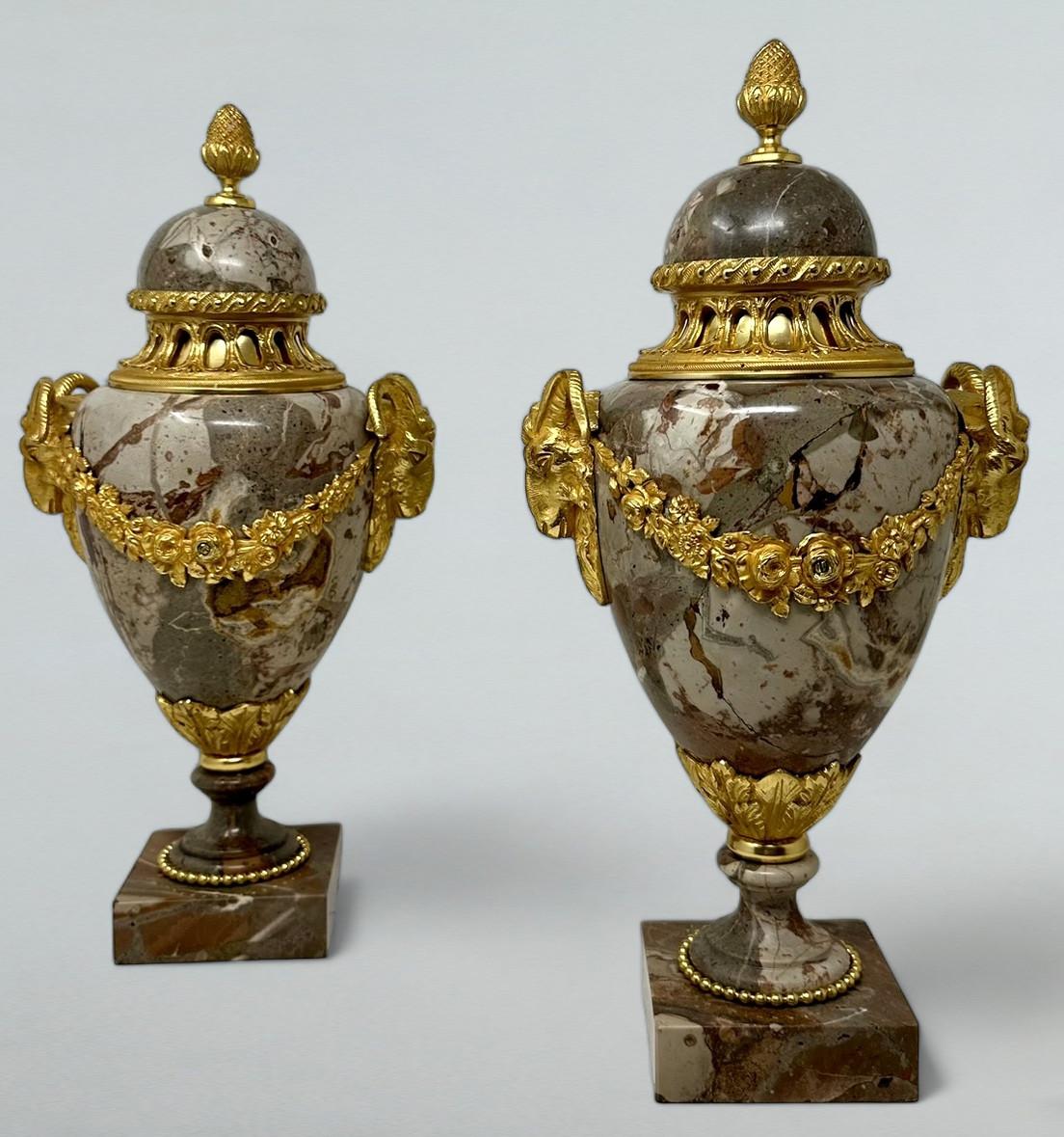Antique Pair French Sarrancolin Marble Gilt Bronze Ormolu Urns Vases Grand Tour  In Good Condition In Dublin, Ireland