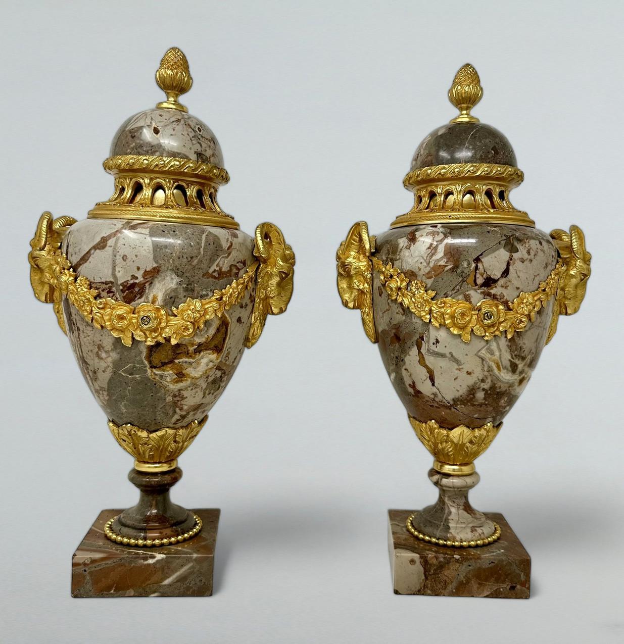 19th Century Antique Pair French Sarrancolin Marble Gilt Bronze Ormolu Urns Vases Grand Tour 