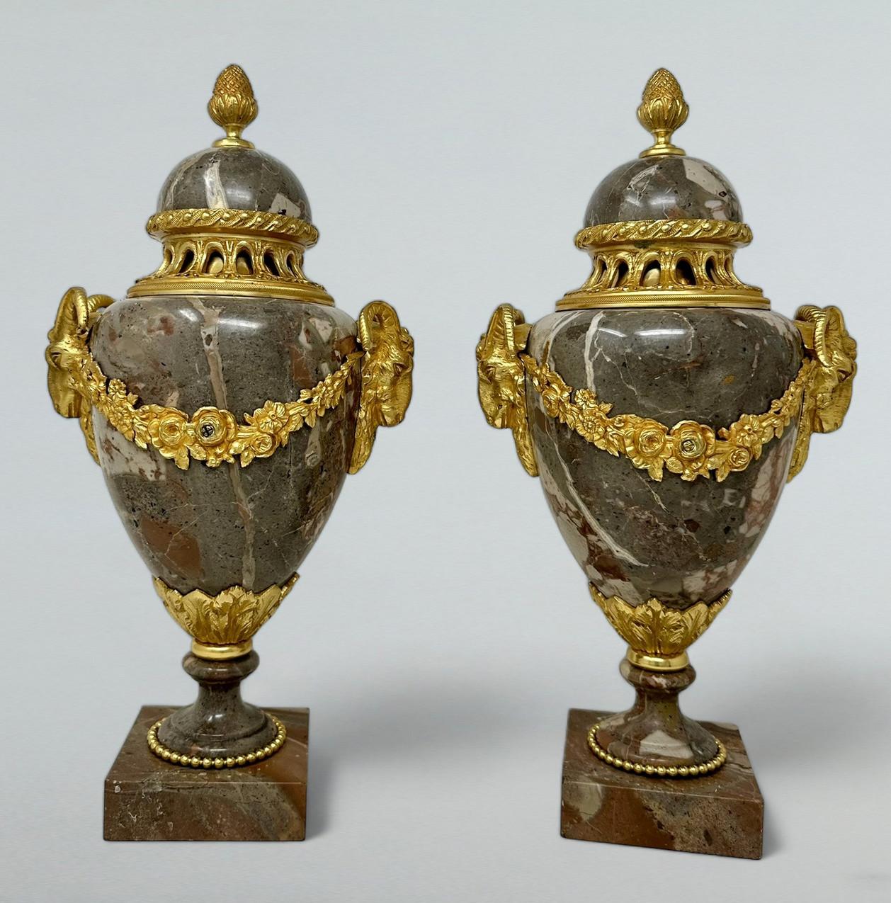 Antique Pair French Sarrancolin Marble Gilt Bronze Ormolu Urns Vases Grand Tour  1