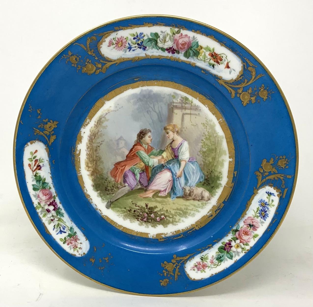 Victorian Antique Pair French Sevres Hand Painted Celeste Blue Circular Cabinet Plates 19C For Sale