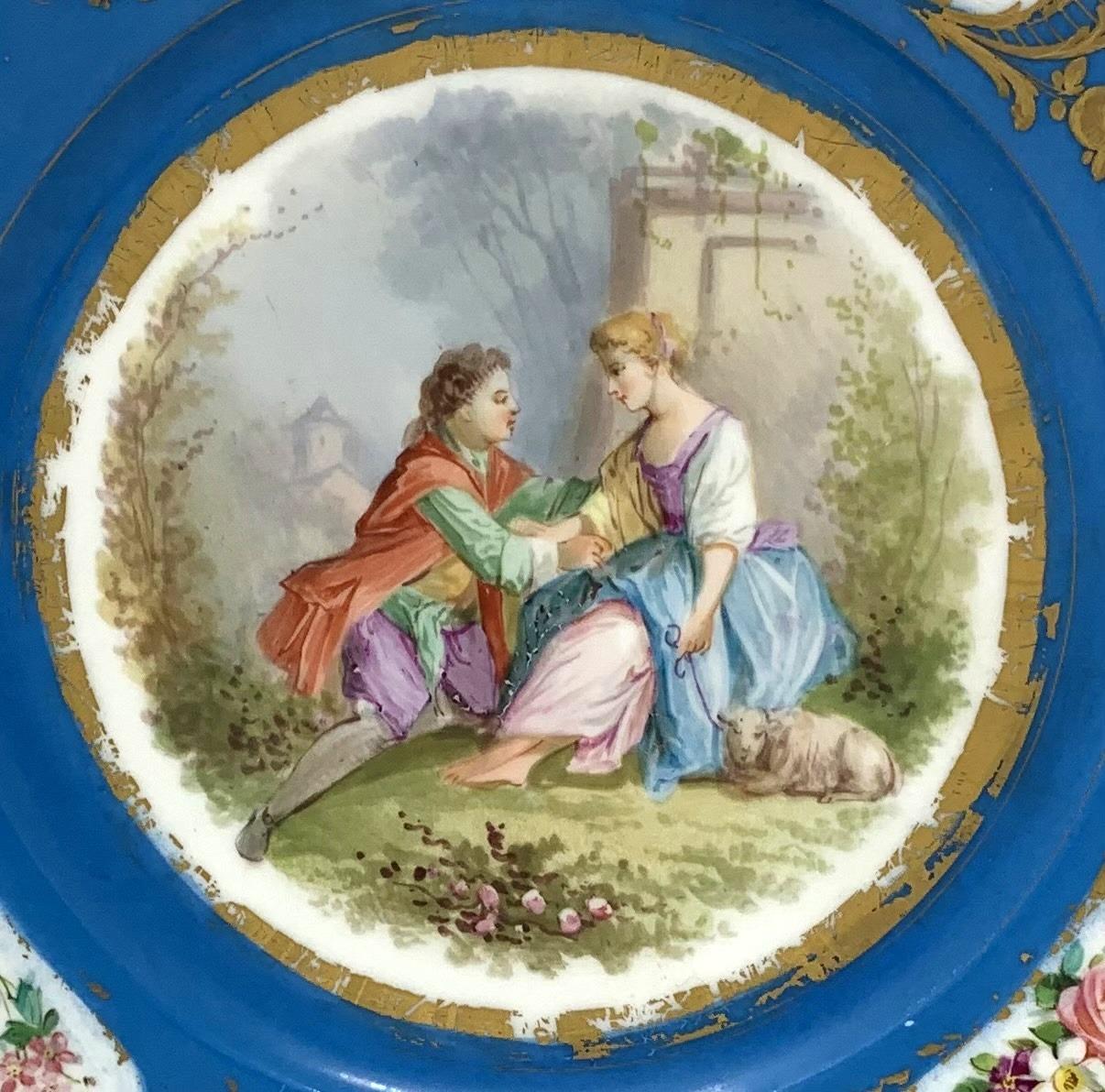 19th Century Antique Pair French Sevres Hand Painted Celeste Blue Circular Cabinet Plates 19C For Sale