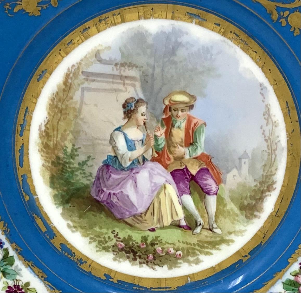Porcelain Antique Pair French Sevres Hand Painted Celeste Blue Circular Cabinet Plates 19C For Sale