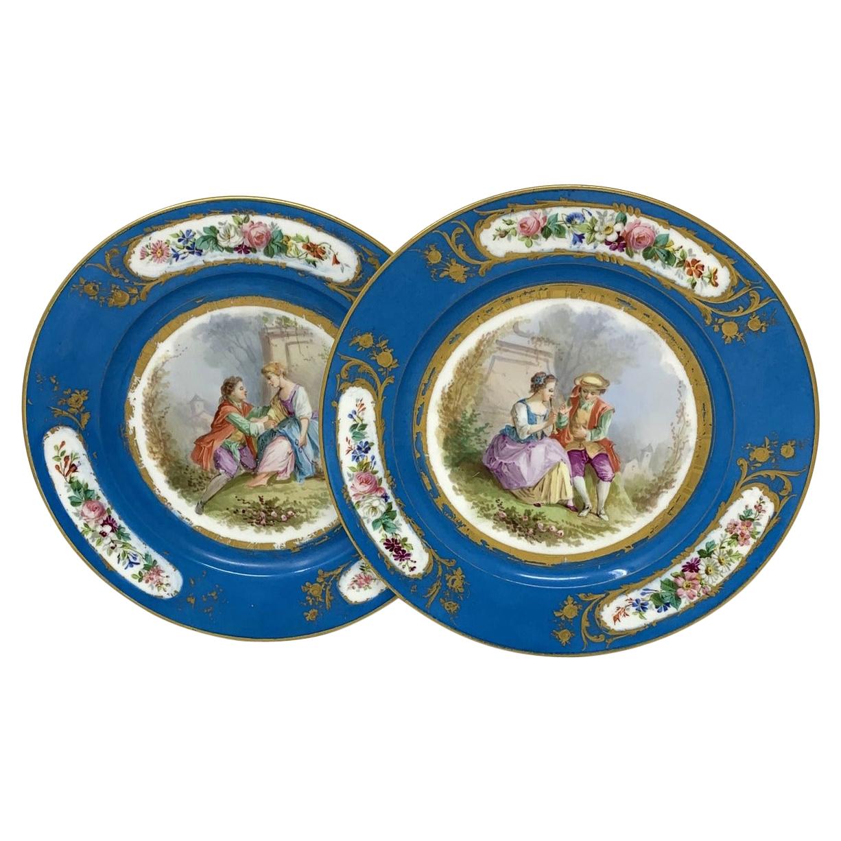 Antique Pair French Sevres Hand Painted Celeste Blue Circular Cabinet Plates 19C