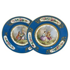 Antique Pair French Sevres Hand Painted Celeste Blue Circular Cabinet Plates 19C