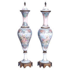 Antique Pair of French Sèvres Hand Painted Porcelain and Bronze Urns, circa 1880