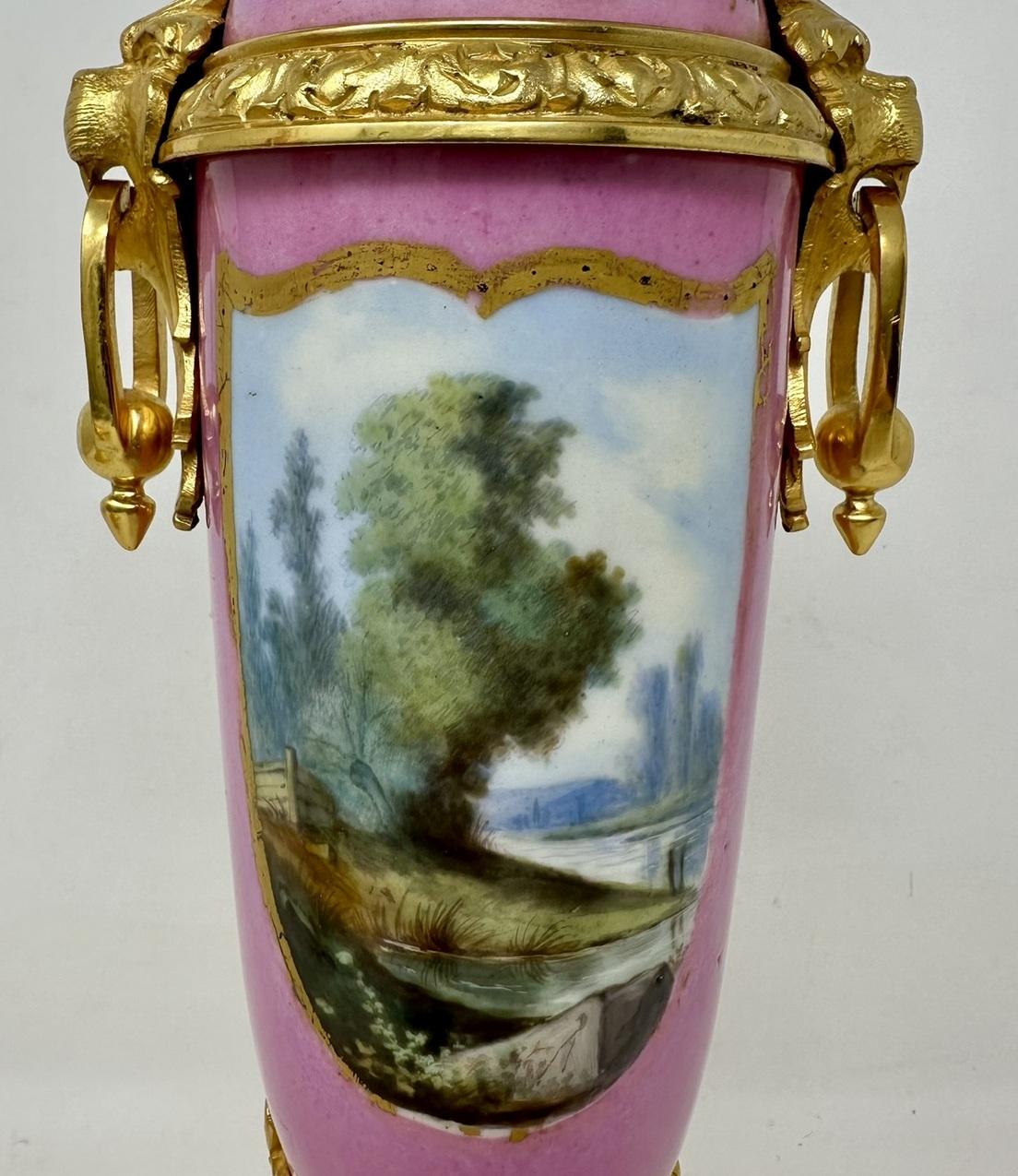 Antique Pair French Sèvres Pink Porcelain Ormolu Mounted Urns Vases Centerpiece 5