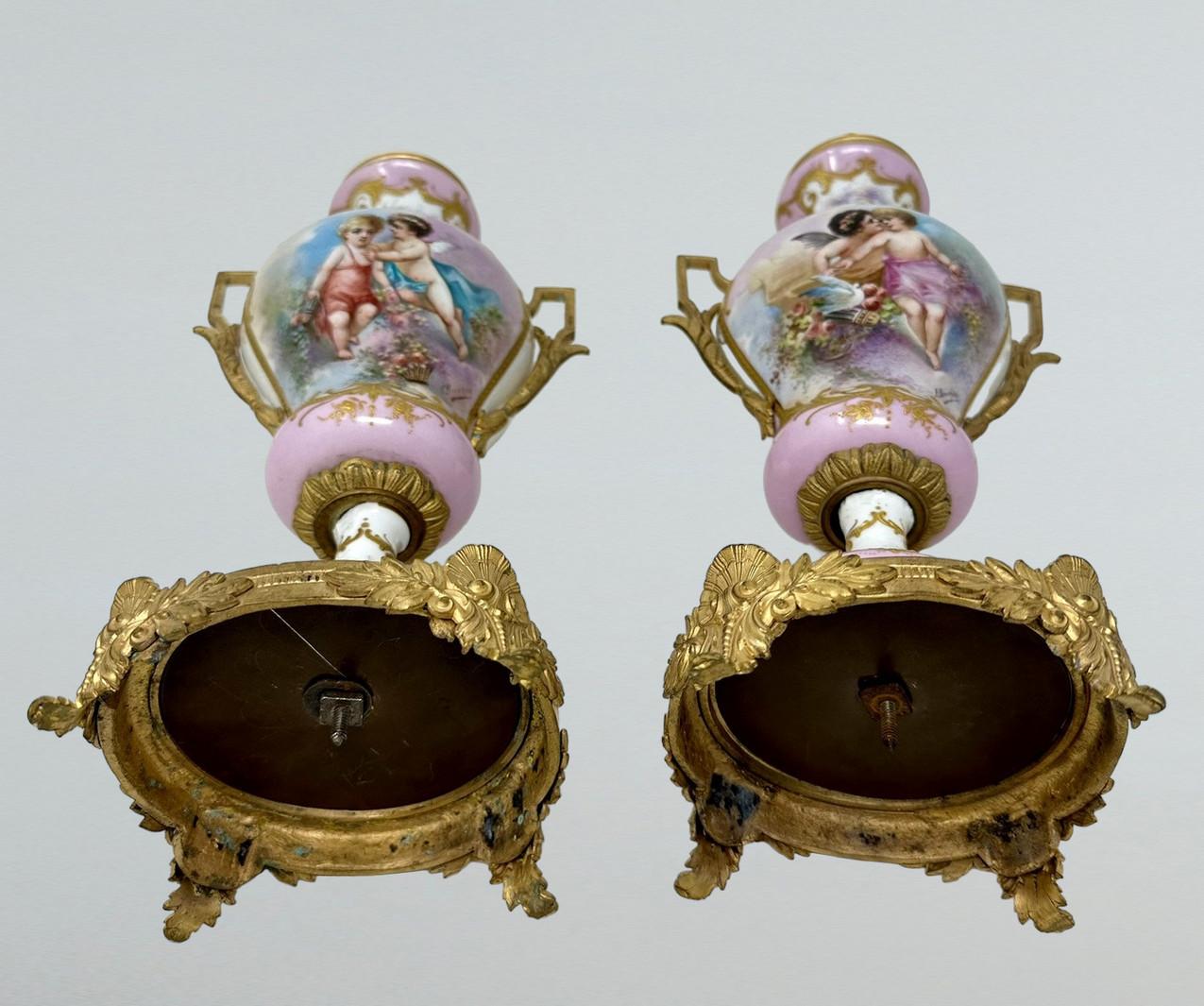 Antique Pair French Sèvres Pink Porcelain Ormolu Mounted Urns Vases Centerpiece For Sale 5