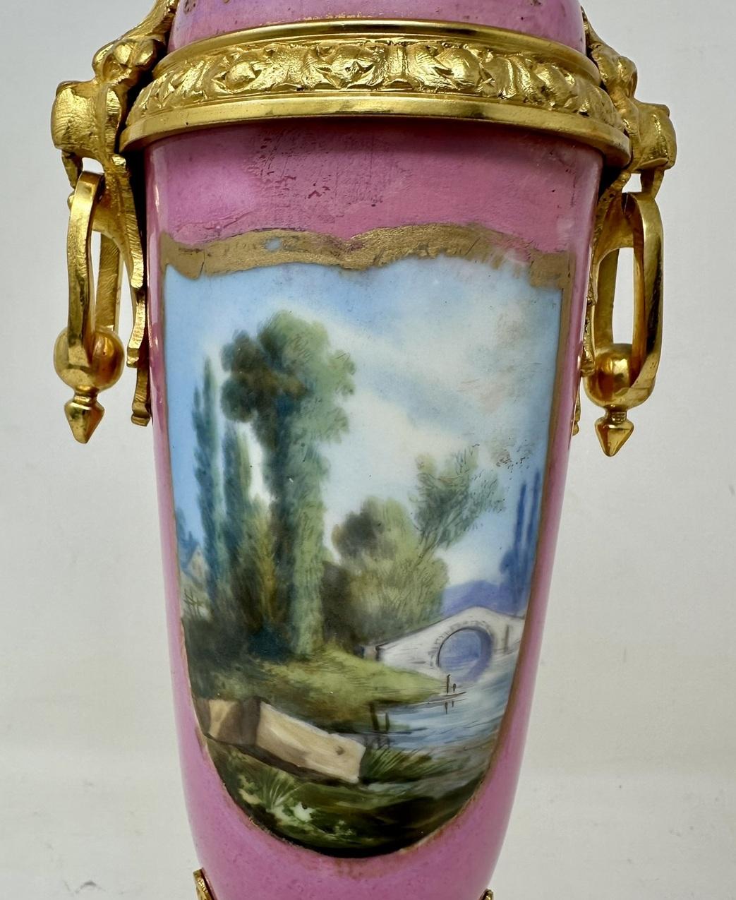 Antique Pair French Sèvres Pink Porcelain Ormolu Mounted Urns Vases Centerpiece For Sale 6