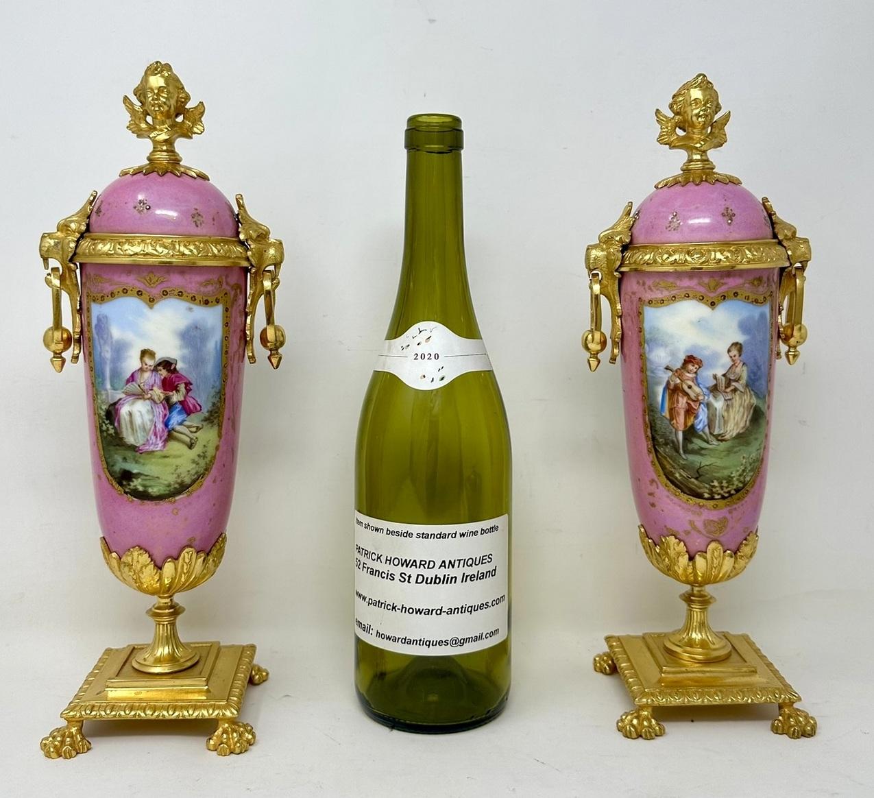 Antique Pair French Sèvres Pink Porcelain Ormolu Mounted Urns Vases Centerpiece 10