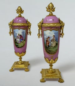 Antique Pair French Sèvres Pink Porcelain Ormolu Mounted Urns Vases Centerpiece