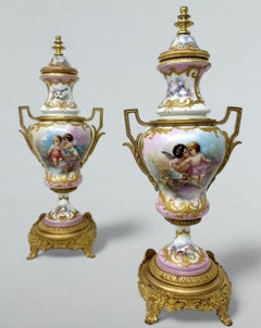 Antique Pair French Sèvres Pink Porcelain Ormolu Mounted Urns Vases Centerpiece