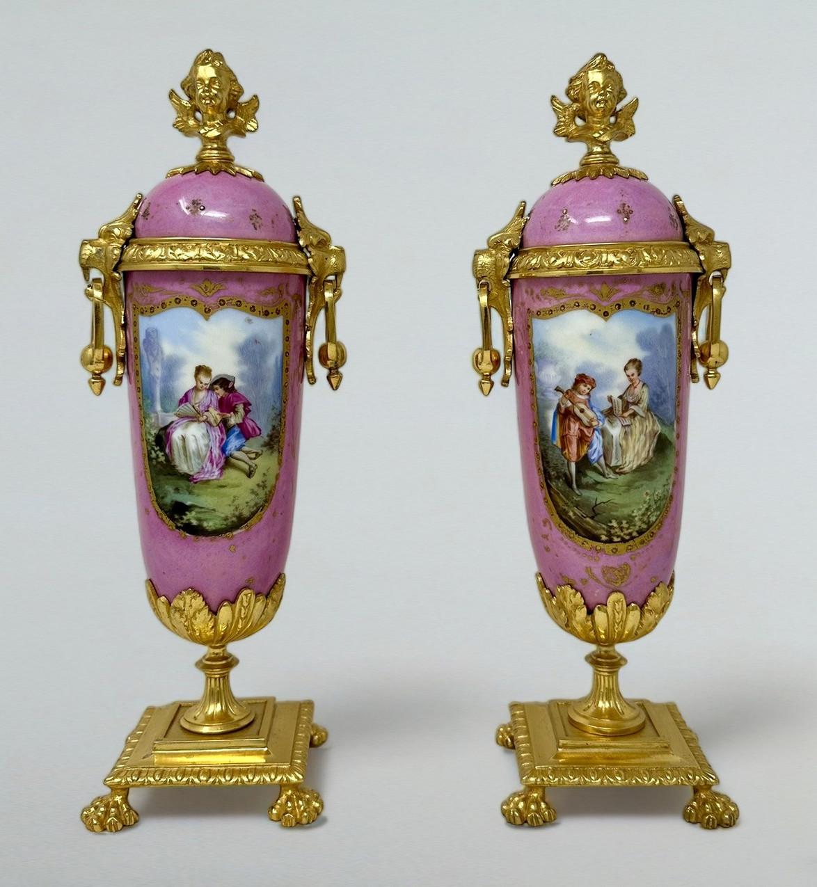 Late Victorian Antique Pair French Sèvres Pink Porcelain Ormolu Mounted Urns Vases Centerpiece