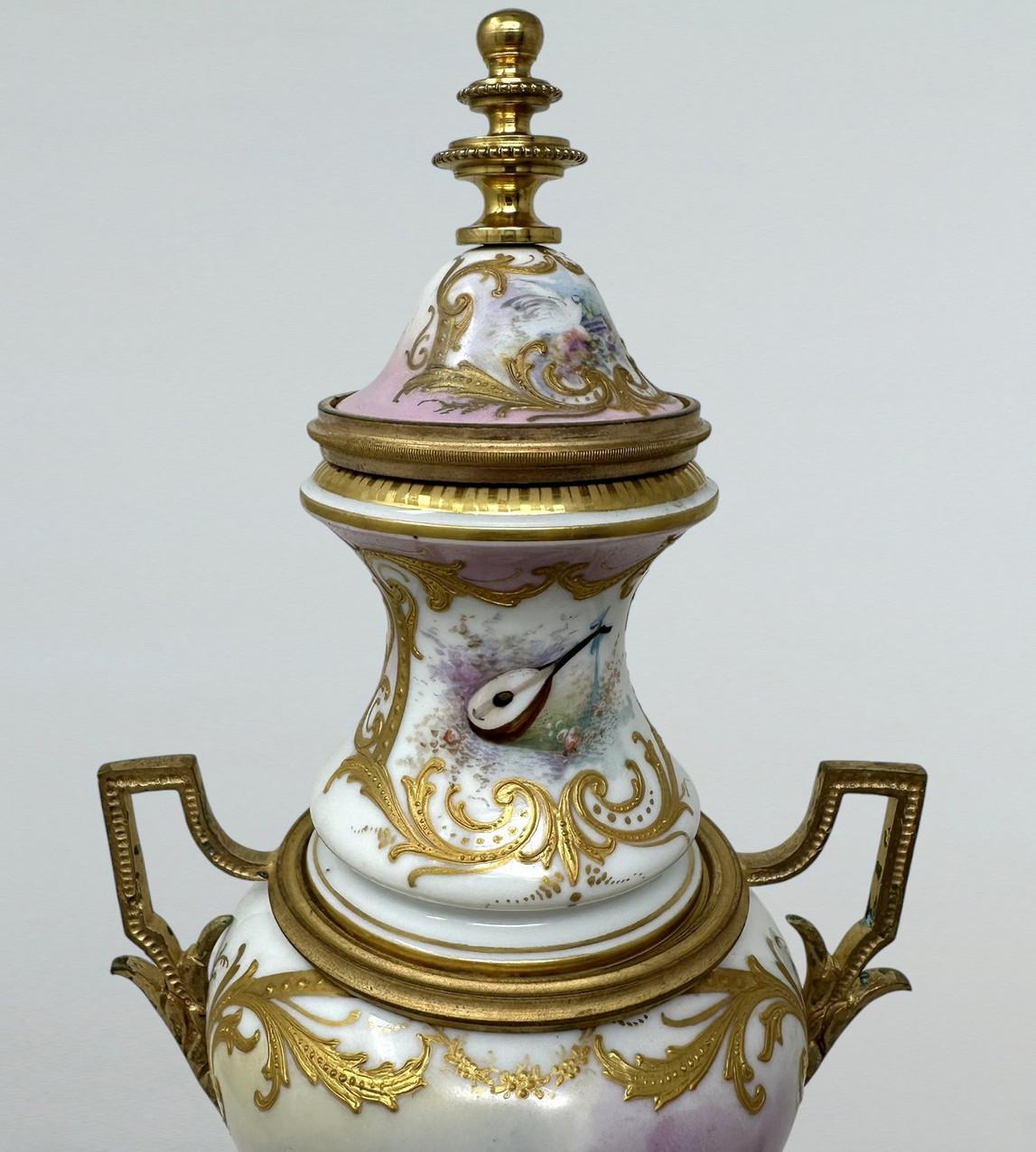 19th Century Antique Pair French Sèvres Pink Porcelain Ormolu Mounted Urns Vases Centerpiece