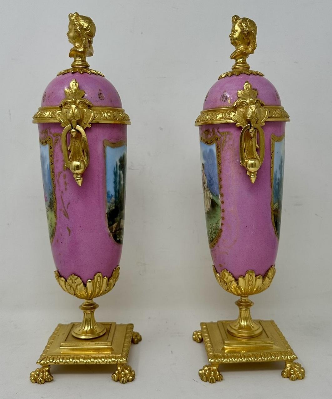 Ceramic Antique Pair French Sèvres Pink Porcelain Ormolu Mounted Urns Vases Centerpiece