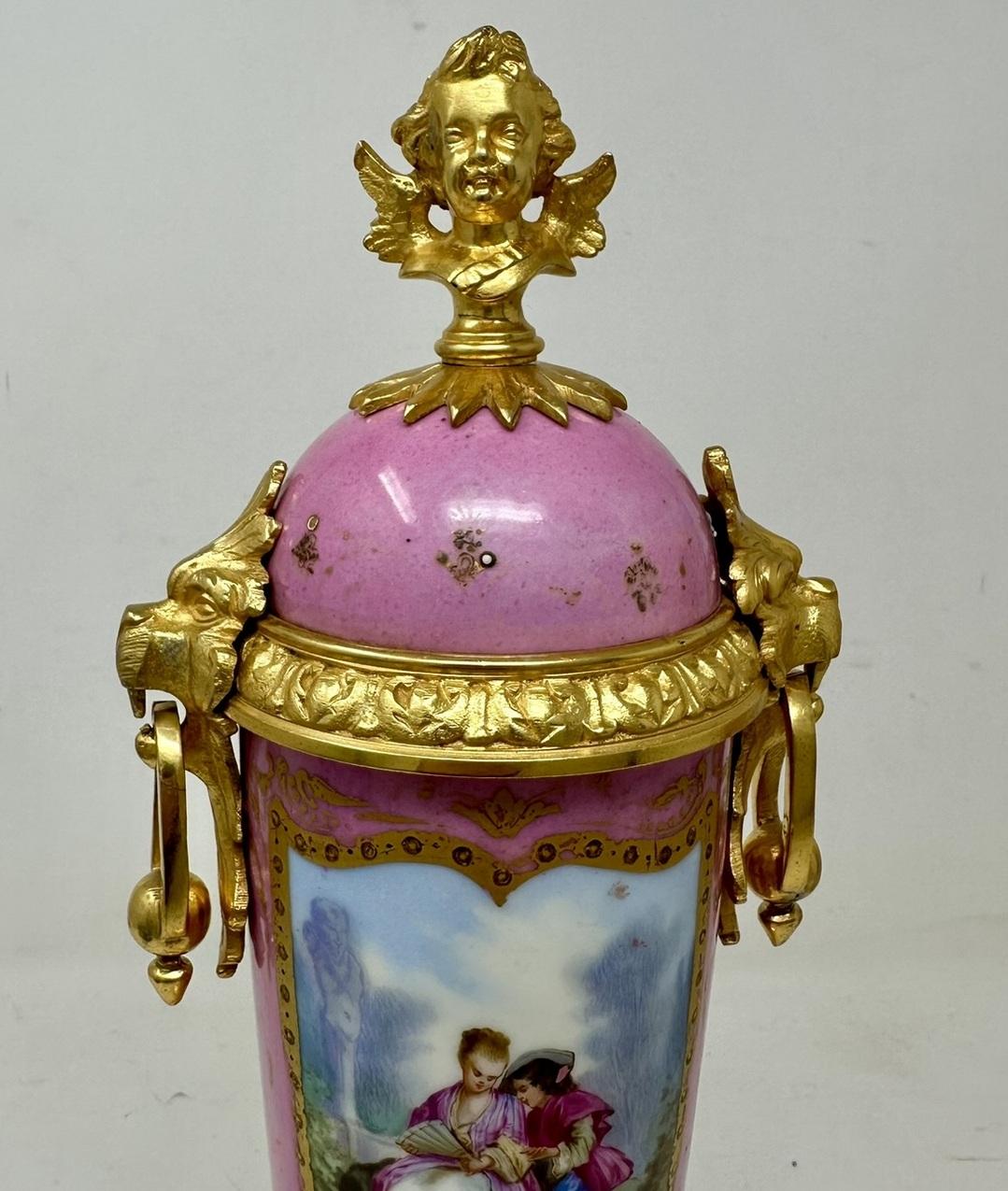 Antique Pair French Sèvres Pink Porcelain Ormolu Mounted Urns Vases Centerpiece For Sale 1