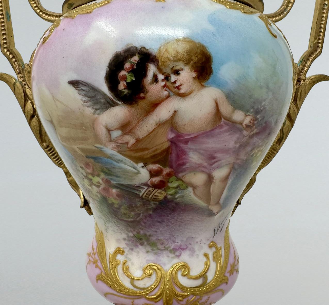 Antique Pair French Sèvres Pink Porcelain Ormolu Mounted Urns Vases Centerpiece For Sale 1