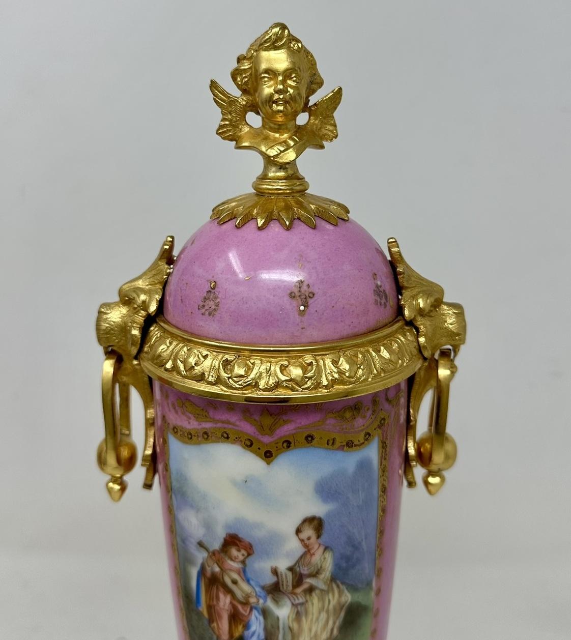 Antique Pair French Sèvres Pink Porcelain Ormolu Mounted Urns Vases Centerpiece For Sale 2