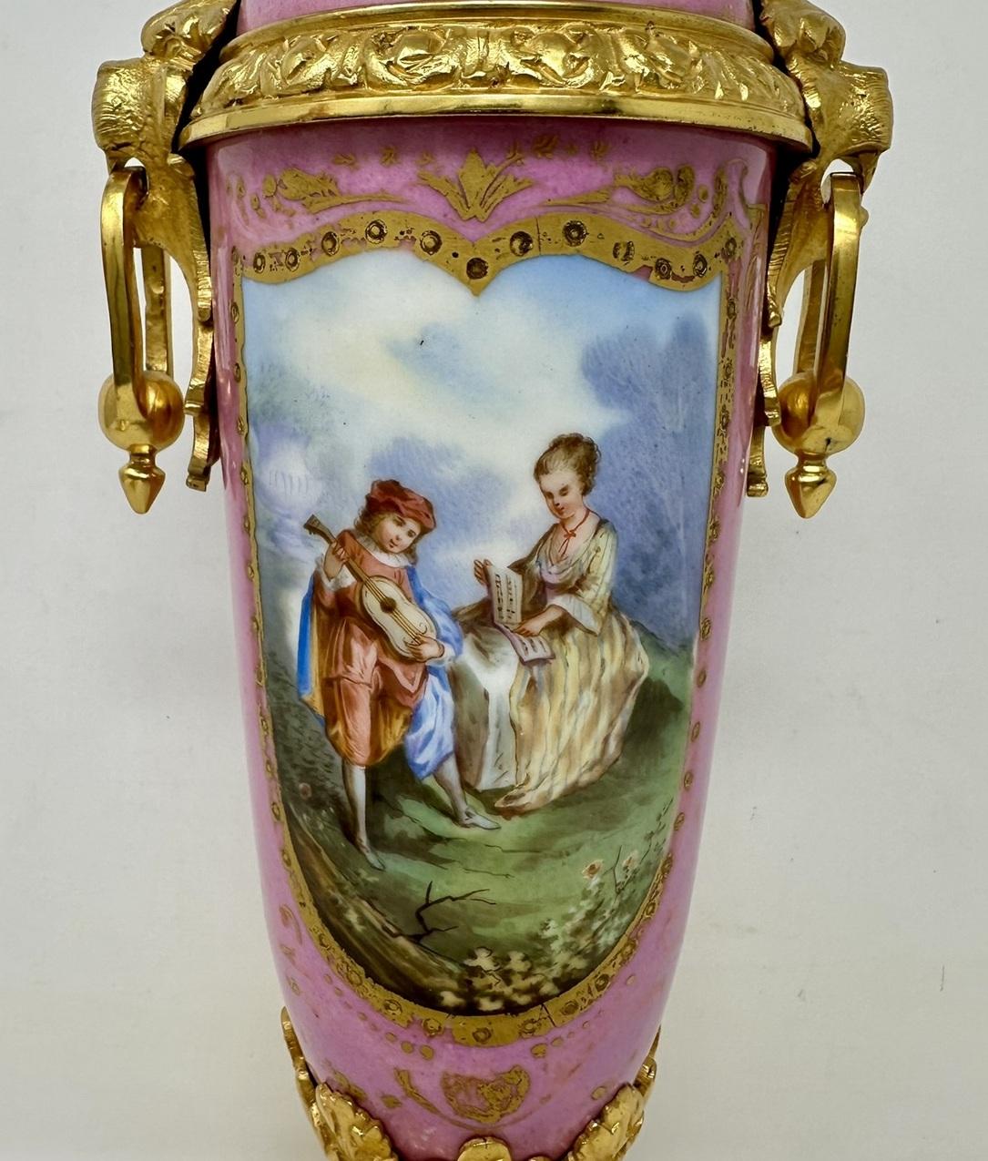Antique Pair French Sèvres Pink Porcelain Ormolu Mounted Urns Vases Centerpiece 3