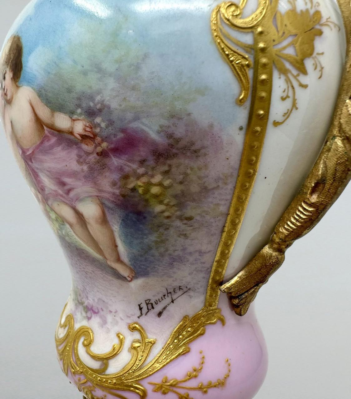 Antique Pair French Sèvres Pink Porcelain Ormolu Mounted Urns Vases Centerpiece For Sale 3