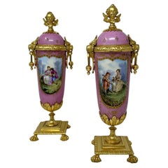 Used Pair French Sèvres Pink Porcelain Ormolu Mounted Urns Vases Centerpiece