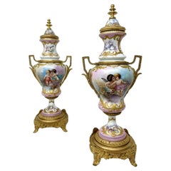 Used Pair French Sèvres Pink Porcelain Ormolu Mounted Urns Vases Centerpiece