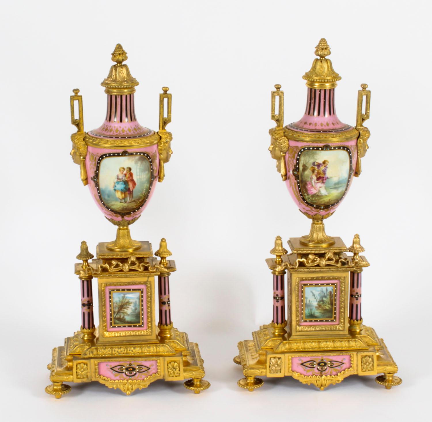 Antique Pair French Sevres Porcelain and Ormolu Urns on Stands 19th C 16