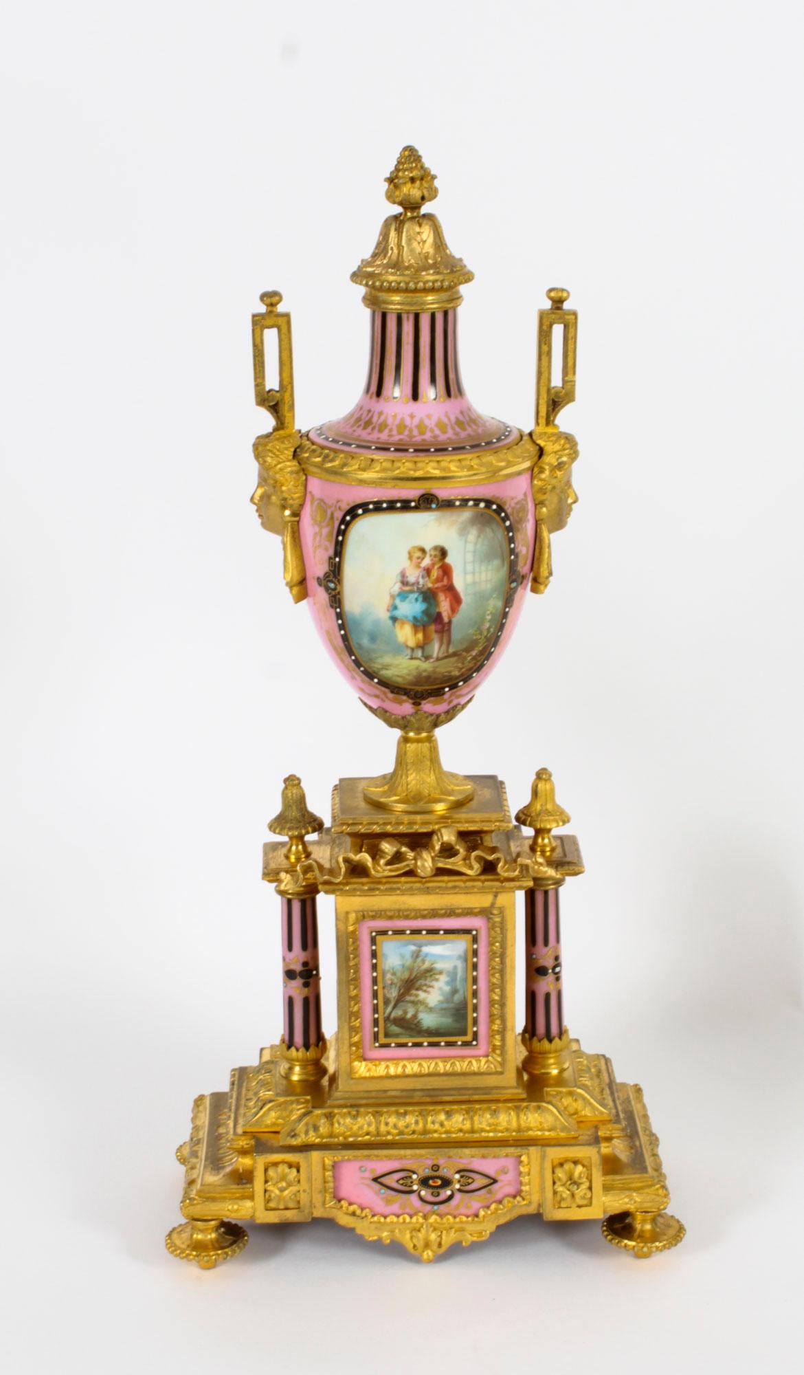 Antique Pair French Sevres Porcelain and Ormolu Urns on Stands 19th C In Good Condition In London, GB