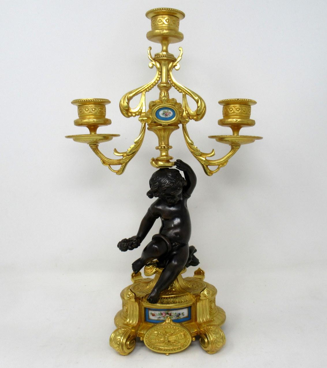 Late Victorian Antique Pair of Sèvres Porcelain Gilt Bronze Cherub Candelabra Candlesticks