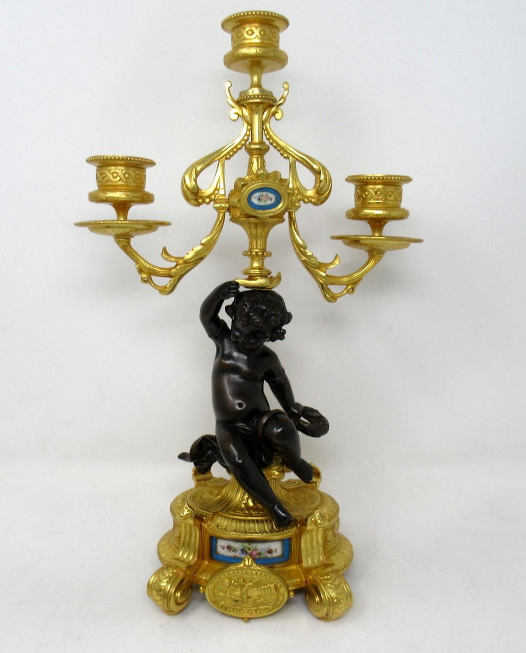 French Antique Pair of Sèvres Porcelain Gilt Bronze Cherub Candelabra Candlesticks