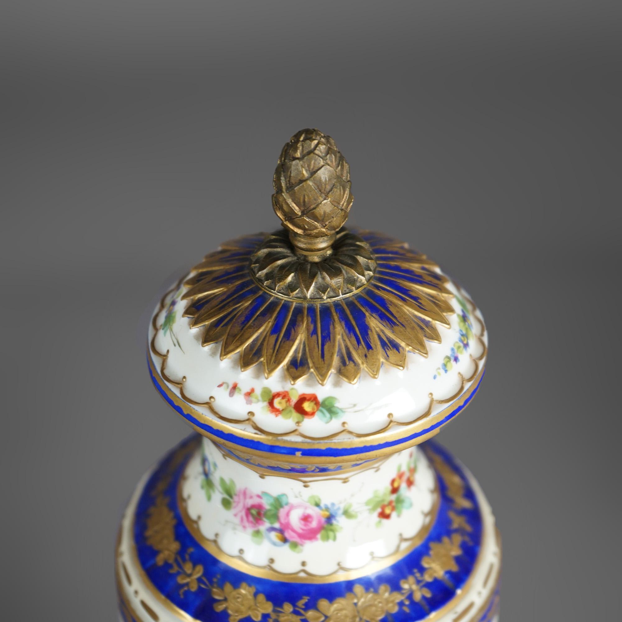 Antique Pair French Sevres Porcelain Hand Painted & Gilt Decorated Bolted Urns For Sale 8