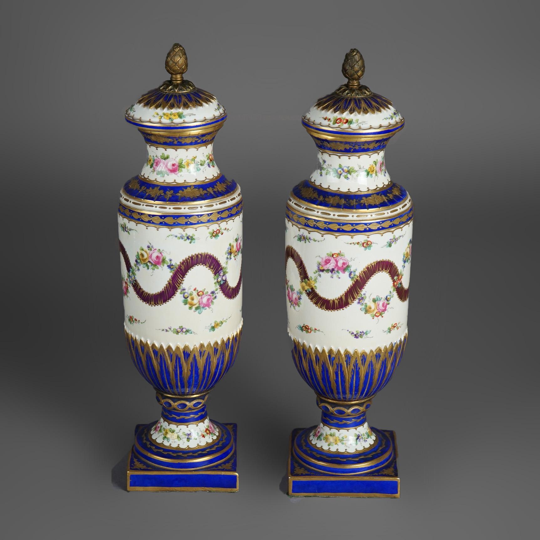 Antique Pair French Sevres Porcelain Hand Painted & Gilt Decorated Bolted Urns In Good Condition For Sale In Big Flats, NY