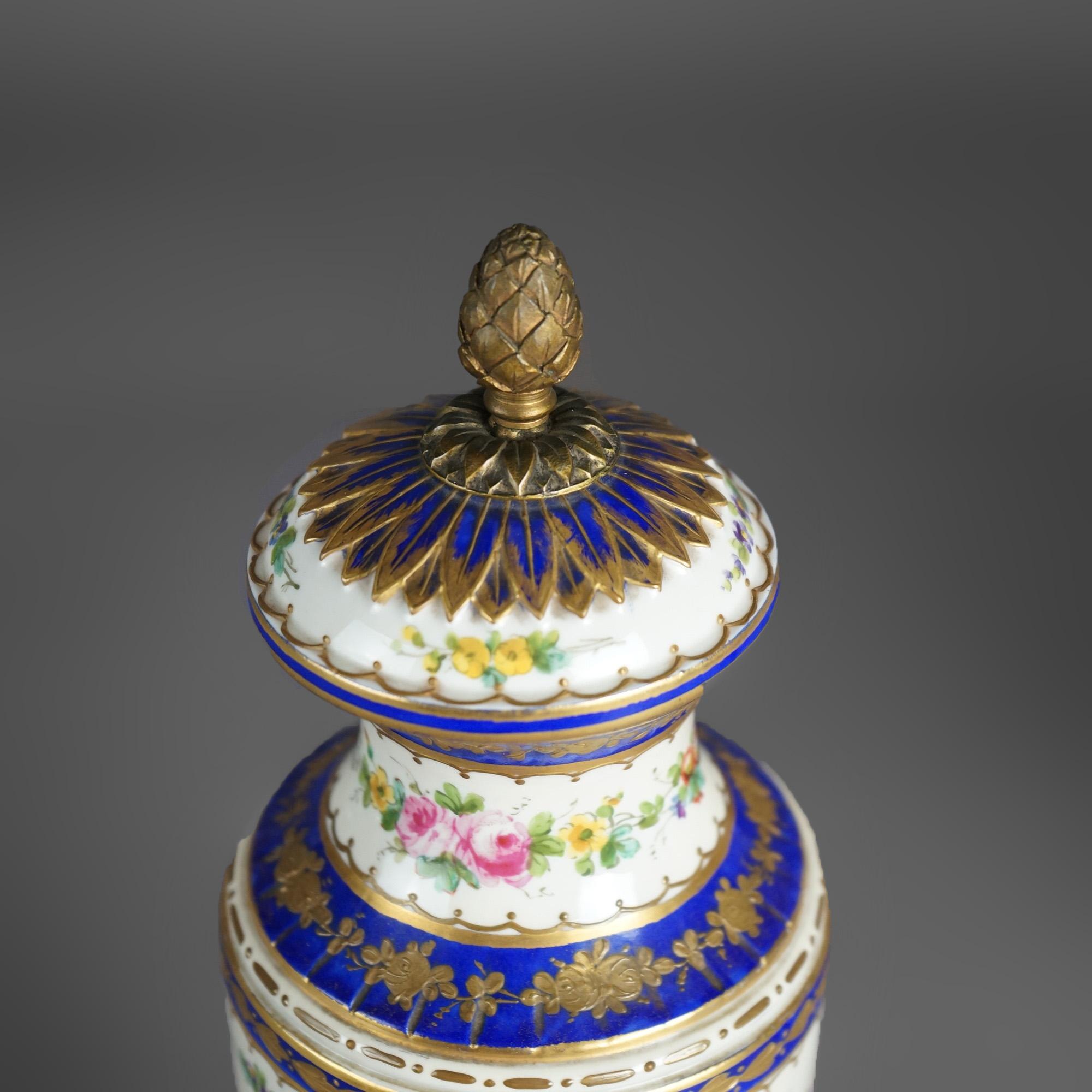 19th Century Antique Pair French Sevres Porcelain Hand Painted & Gilt Decorated Bolted Urns