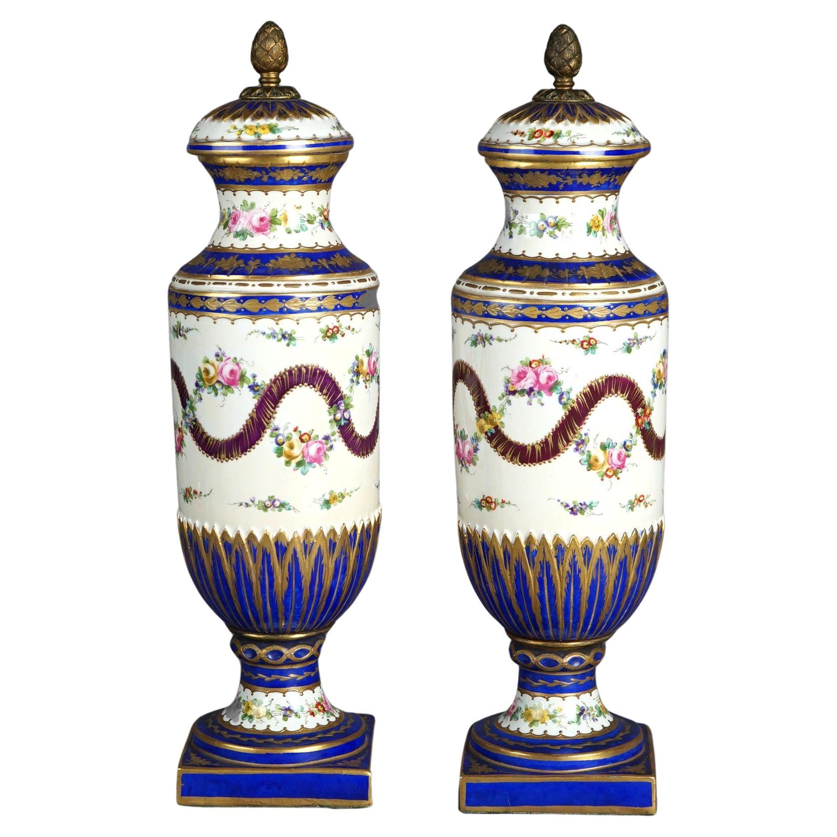 Antique Pair French Sevres Porcelain Hand Painted & Gilt Decorated Bolted Urns For Sale