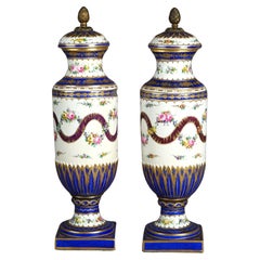 Antique Pair French Sevres Porcelain Hand Painted & Gilt Decorated Bolted Urns